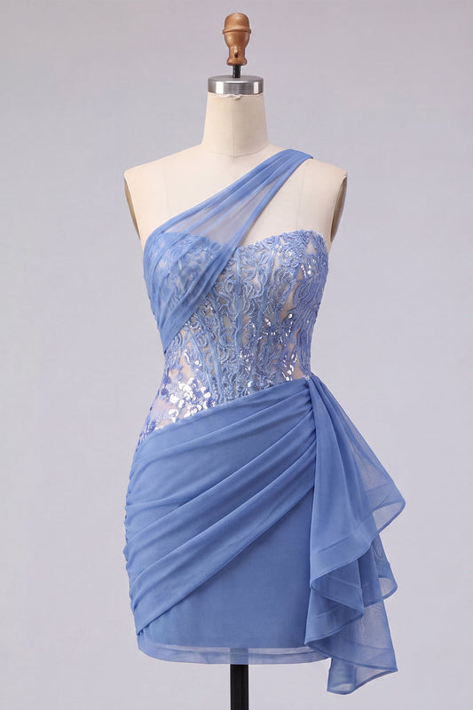 Sparkly Grey Blue Ruched Corset Tight Short Homecoming Dress with Lace