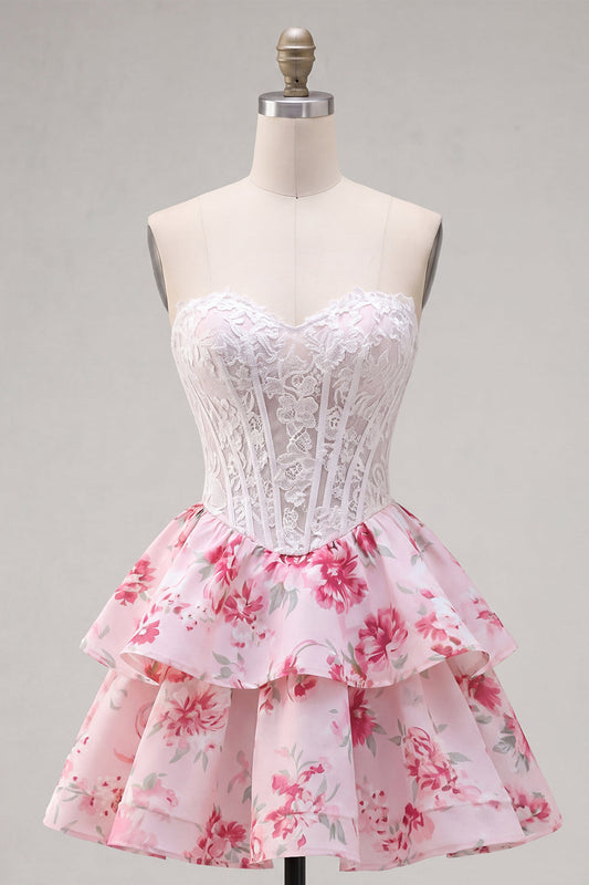 Robe courte de cocktail bustier blanche fuchsia avec corset et volants