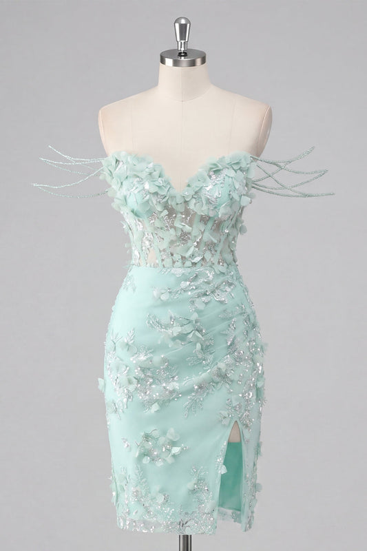 Robe de bal moulante corsetée à épaules dénudées avec applications florales et fente, couleur menthe