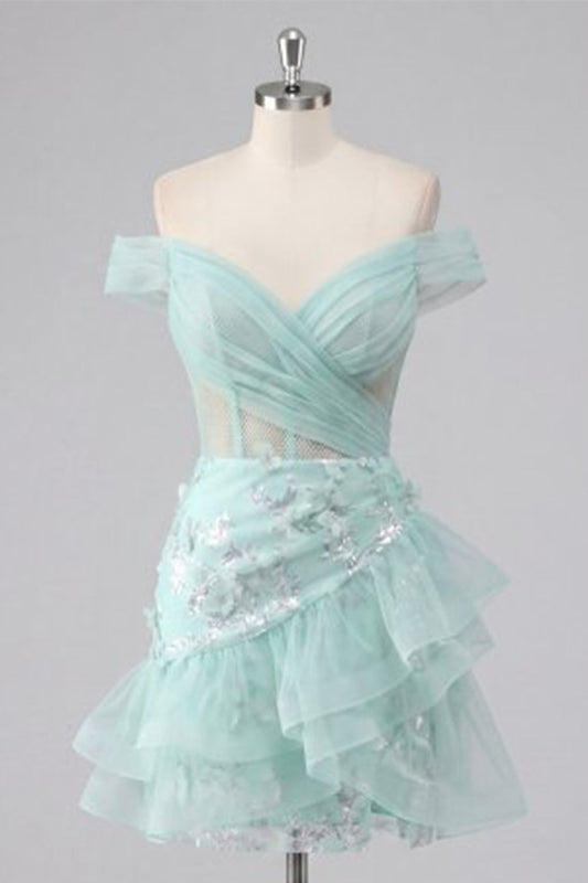 Robe de bal de rentrée courte à sequins et corset bustier asymétrique vert menthe à volants