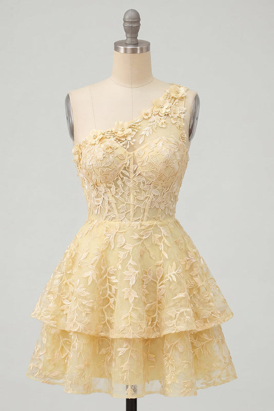 Butter Yellow One Shoulder Corset A-Line Floral Homecoming Dress