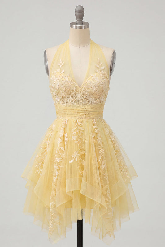 Butter Yellow A-Line Halter Neck Floral Homecoming Dress
