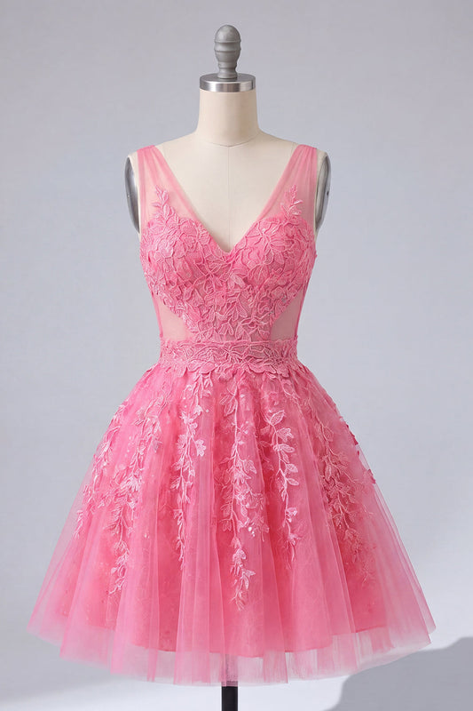 A-Line Hot Pink Floral V-Neck Tulle Homecoming Dress