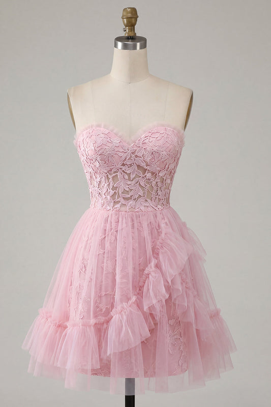 A-Line Pink Sweetheart Floral Homecoming Dress with Ruffles