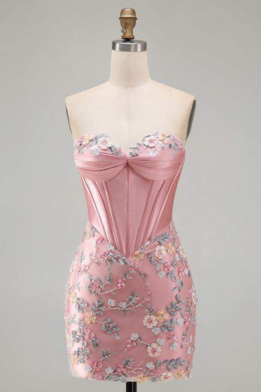 Robe de bal de fin d'année moulante rose fuchsia avec corsage et appliques florales