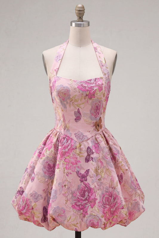 Robe de bal fuchsia trapèze à col licou en jacquard fleuri
