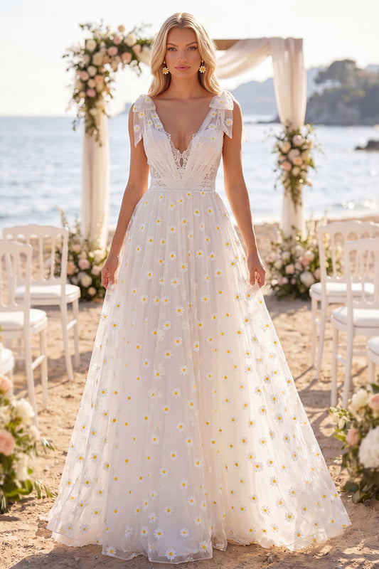 Robe de mariée de plage coupe A, col en V, traîne balayage, motifs floraux blancs et nœuds