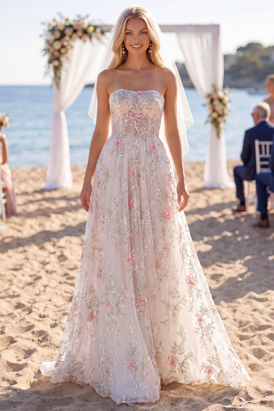 Vestido de Novia Strapless Línea A Corte Barrido con Flores Rosas Brillantes y Velos