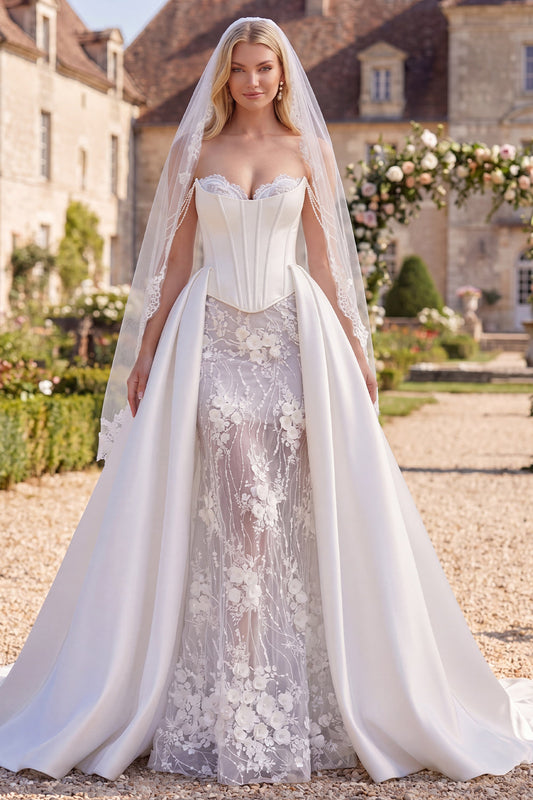 Floral White Beaded Corset Mermaid Sweep Train Wedding Dress with Veils