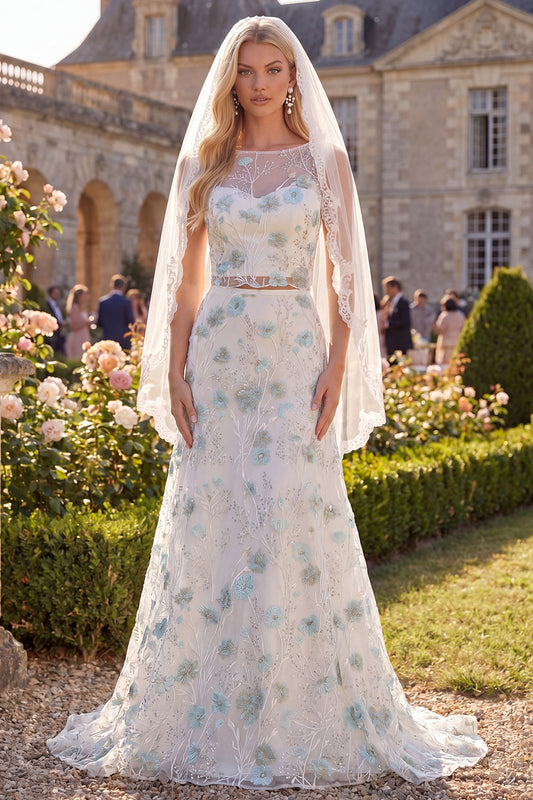 Robe de mariée Blanche Verte à Fleurs, col bateau, traîne et voiles, en 2 pièces