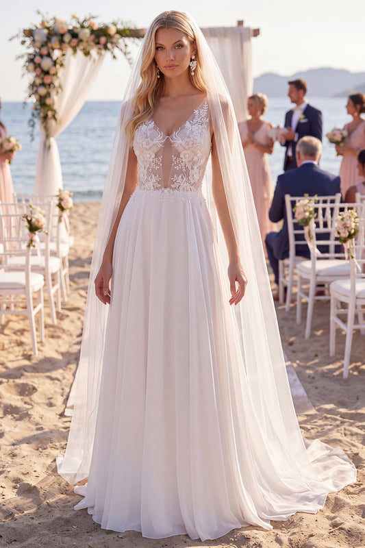 Robe de mariée de plage trapèze en mousseline blanche à fleurs, col en V, traîne, dos nageur, avec voiles