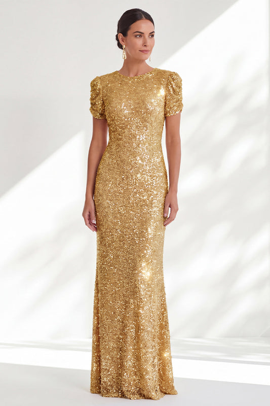 Robe de mère de la mariée longue à col rond doré à paillettes sirène scintillante