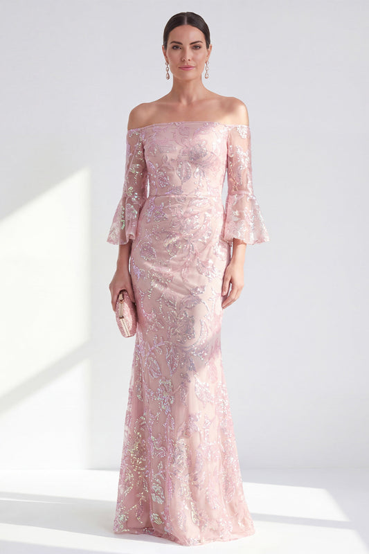 Robe longue de mère de la mariée à paillettes et épaules dénudées avec fard à joues sirène étincelant