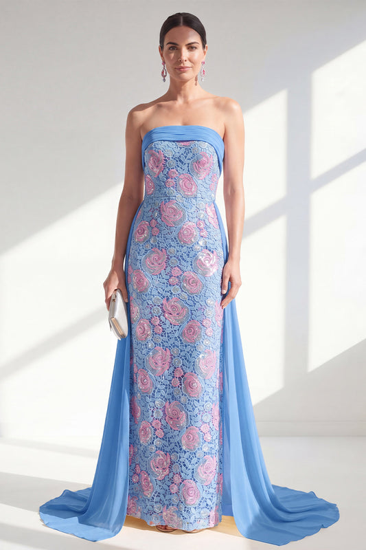 Robe longue de mère de la mariée bustier à paillettes bleu sirène étincelante avec cape
