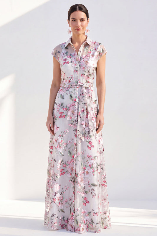 Robe longue de mariée en A avec motif floral et ceinture