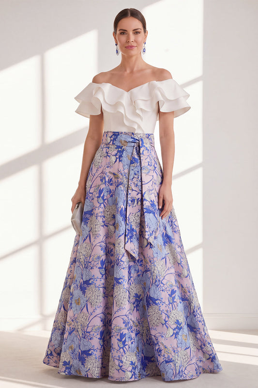 Pink Blue Flower A-Line Off the Shoulder Ruffled Long Mother Of the Bride Dress with Belt