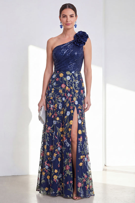 Robe longue de mère de la mariée fendue, ligne A, asymétrique, à paillettes et fleurs, marine scintillante