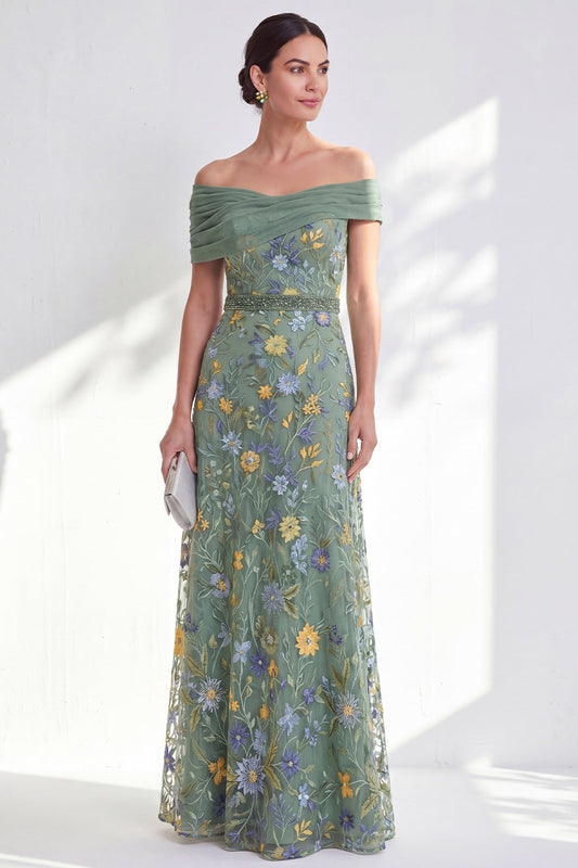 Robe longue de mère de la mariée fleurie vert anis trapèze épaules dénudées