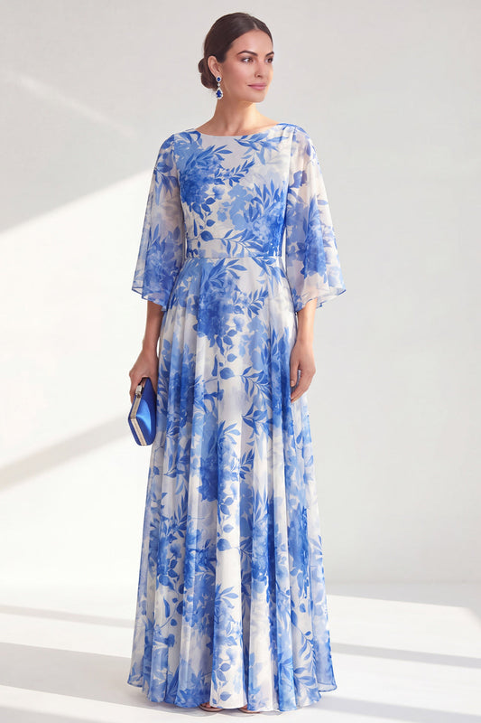 Blue A-Line Bateau Neck Chiffon Floral Long Mother Of the Bride Dress with 3/4 Sleeves