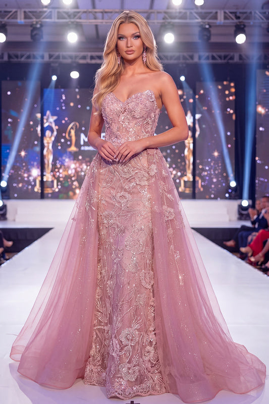 Mermaid Blush Sweetheart Corset Beaded Floral Long Pageant Dress with Sash