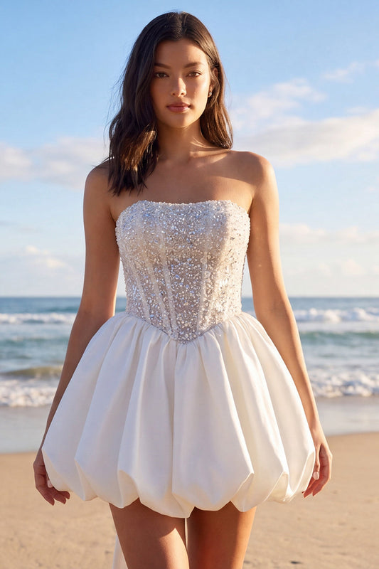 Sprakly Strapless Beaded A-Line Corset Little White Dress with Bow