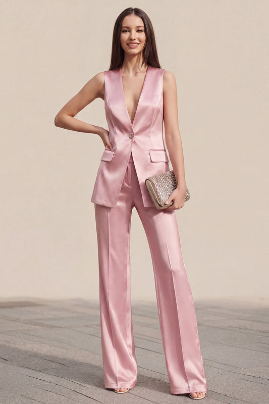 Pink 2 Piece V-Neck One Button Sleeveless Slim Fit Women Suits