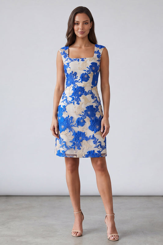 Robe de Travail Courte Fourreau à Col Carré Fleurs Bleues