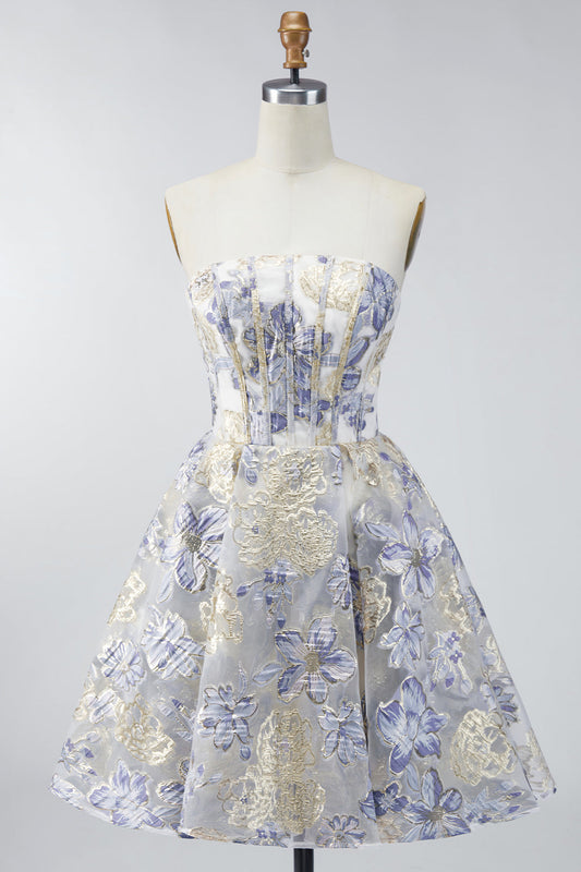 Robe de soirée courte Dusty Blue trapèze bustier à fleurs