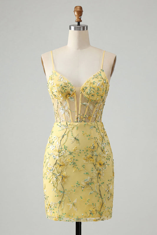 Yellow Bodycon Sheer Corset Floral Sequins Short Homecoming Dress with Lace Up Back