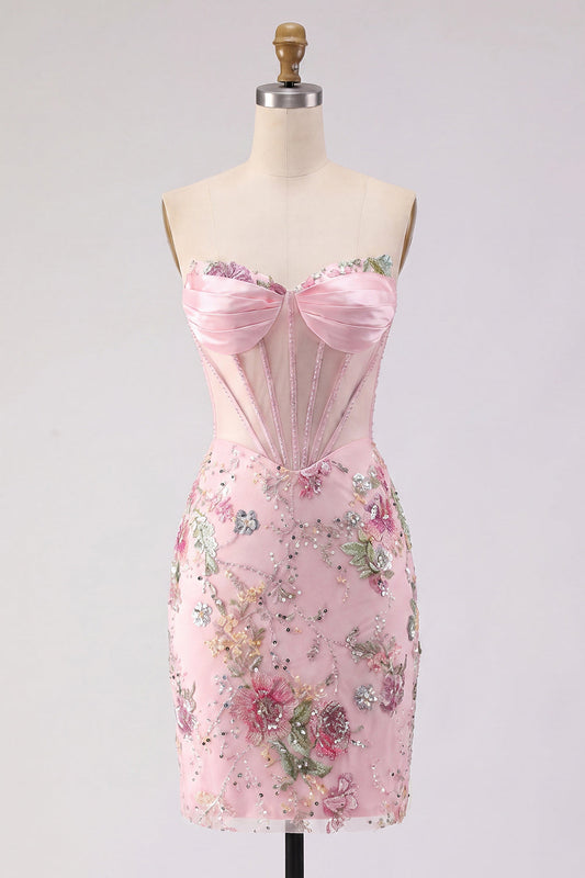 Vestido de regreso a casa ajustado con diseño floral rosa, corsé y lentejuelas
