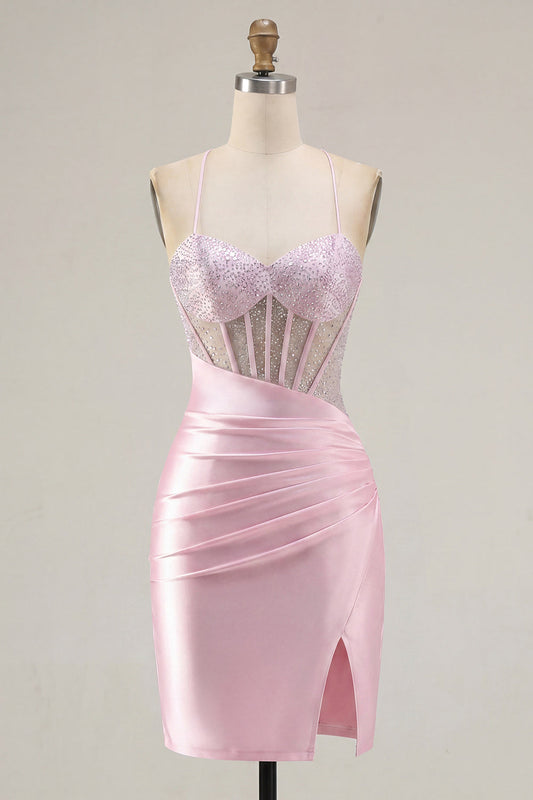 Pink Sheer Corset Ruched Beaded Bodycon Homecoming Dress with Slit