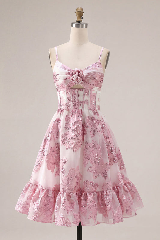 Pink A-Line Corset Ruffled Floral Short Homecoming Dress