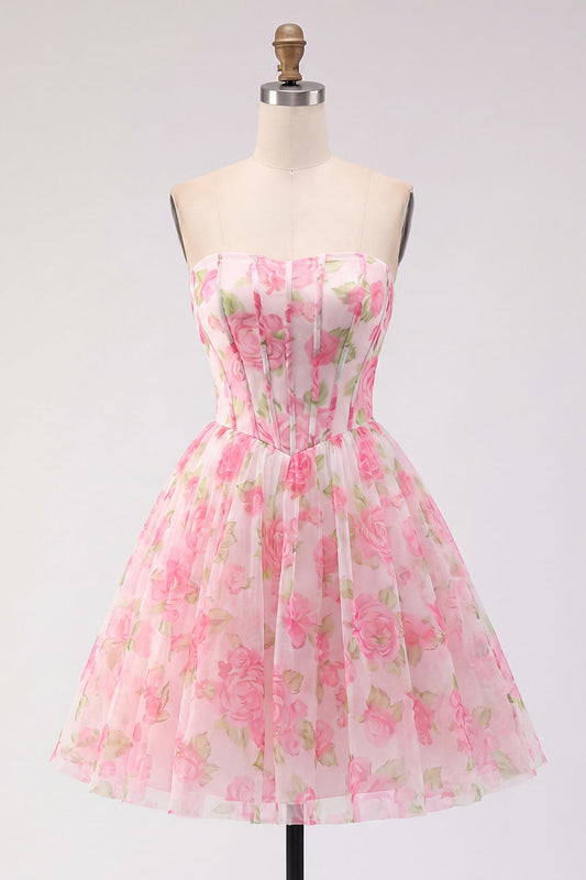 Robe de bal de fin d'année trapèze rose à fleurs avec corset bustier