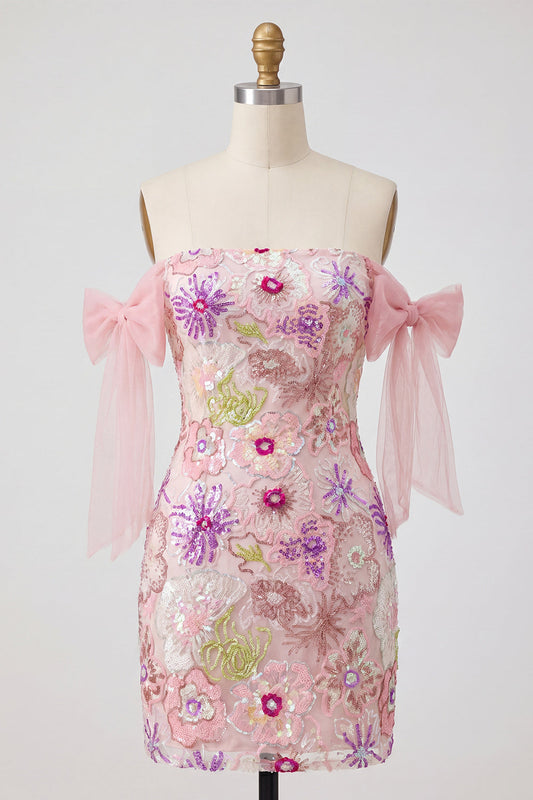 Off the Shoulder Pink Bodycon Floral Sequins Homecoming Dress with Bow
