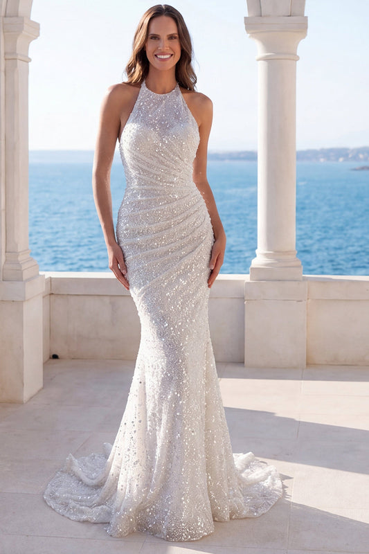 Halter Ivory Mermaid Ruched Sequin Wedding Dress