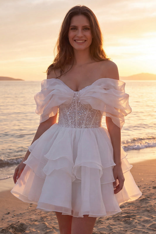 A-line Short Sparkly Ivory Corset Beaded Wedding Dress with Ruffles
