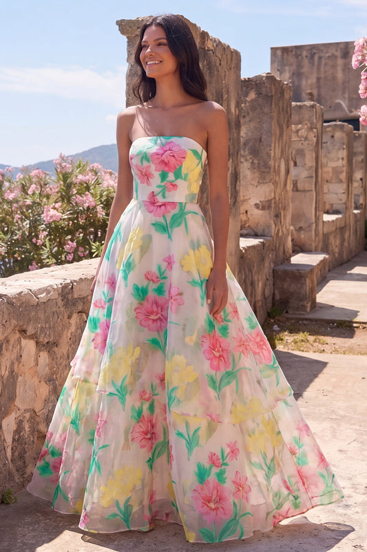 Daffodil Pink Flower A-Line Strapless Maxi Dress