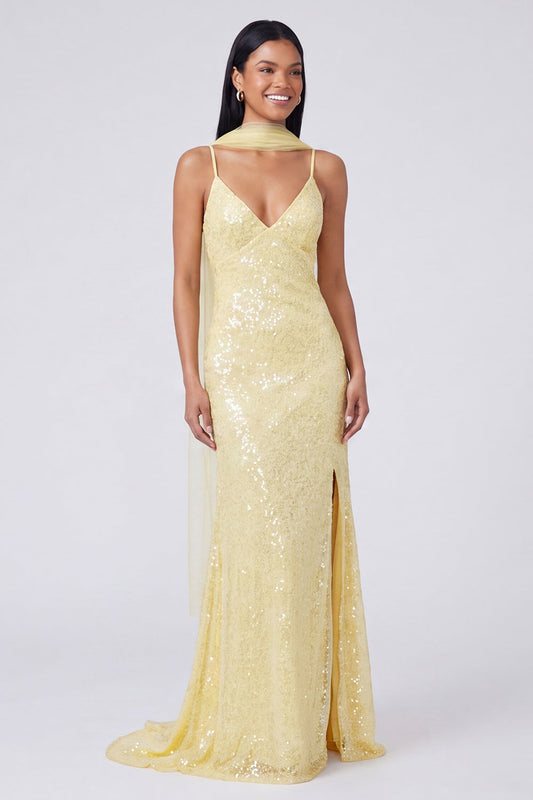 Yellow Mermaid Sequin Spaghetti Straps Maxi Dress with Slit