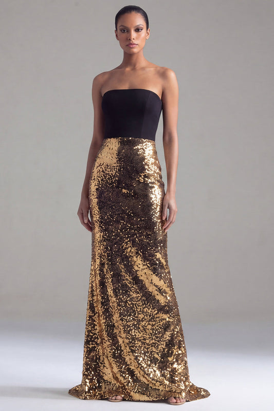 Black and Gold Strapless Sequin Mermaid Formal Dress