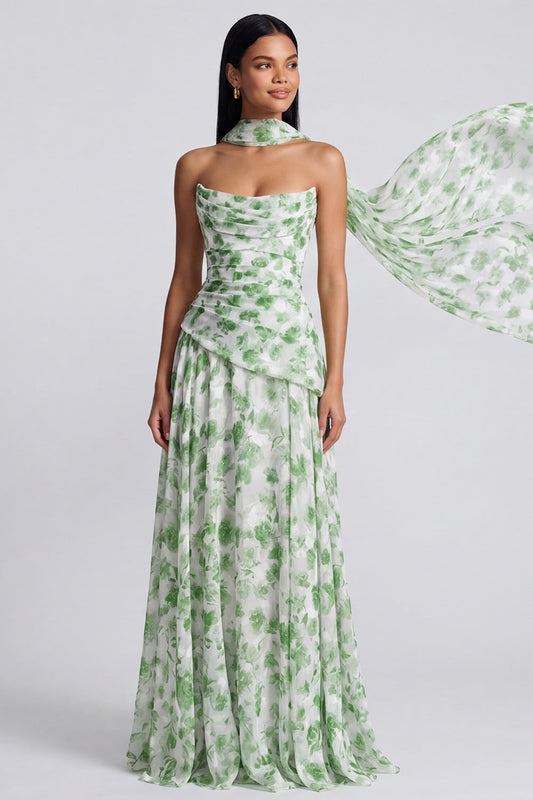Robe longue bustier évasée vert clair à motifs floraux avec écharpe