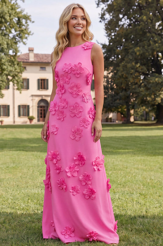 Hot Pink Round Neck Mermaid Maxi Floral Dress