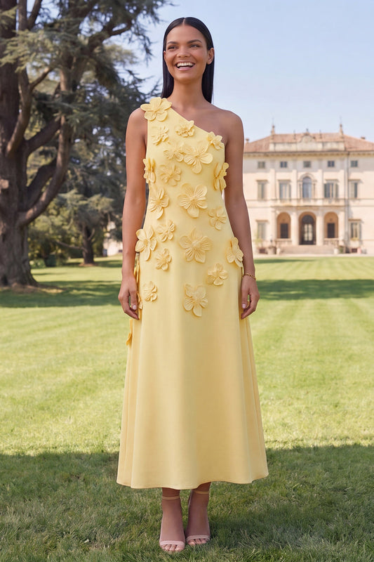 Yellow One Shoulder A-Line Midi Floral Dress