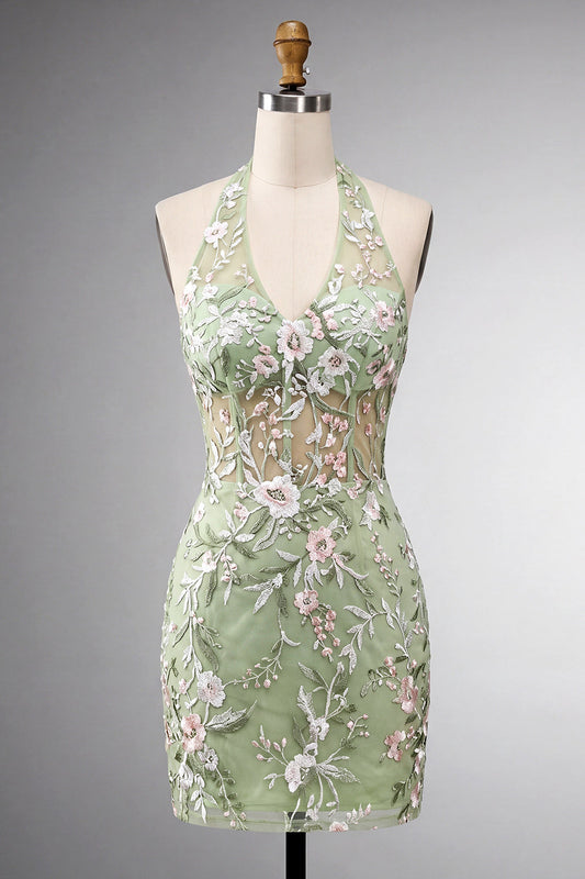 Robe de bal dos nu vert sauge, transparente, style corset, moulante, brodée