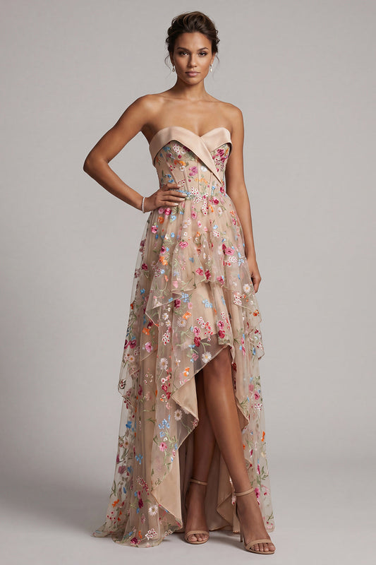 Robe de mariée bustier cœur Champagne ligne A corset tulle asymétrique florale pour mère de la mariée