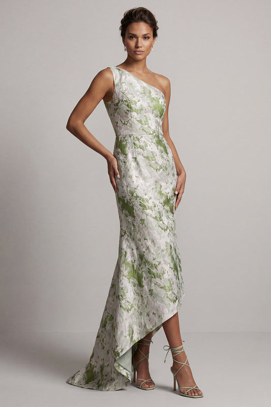 Robe longue sirène vert clair fleurie asymétrique pour mère de la mariée