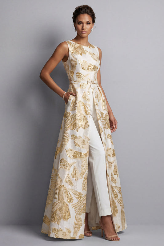 Champagne Jacquard Boat Neck Mother of the Bride Jumpsuits with Pockets
