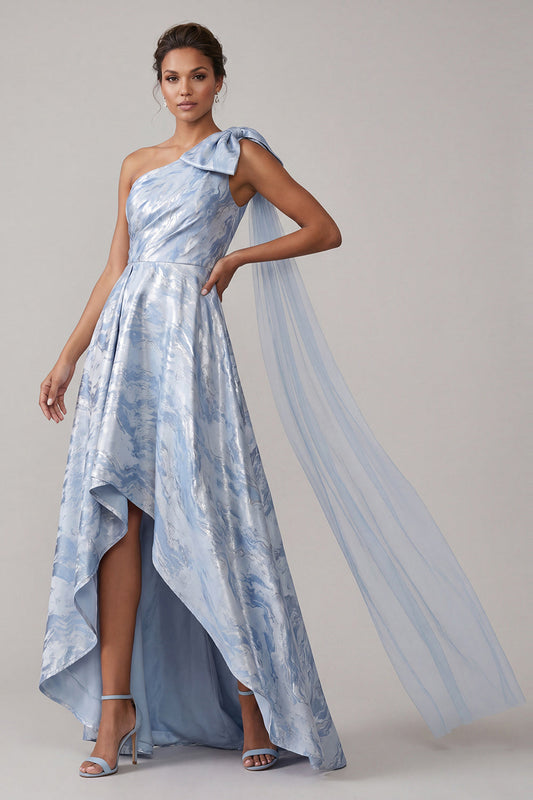 Robe Mère de la Mariée Asymétrique Évasée Bleu Ciel à Fleurs avec Nœud