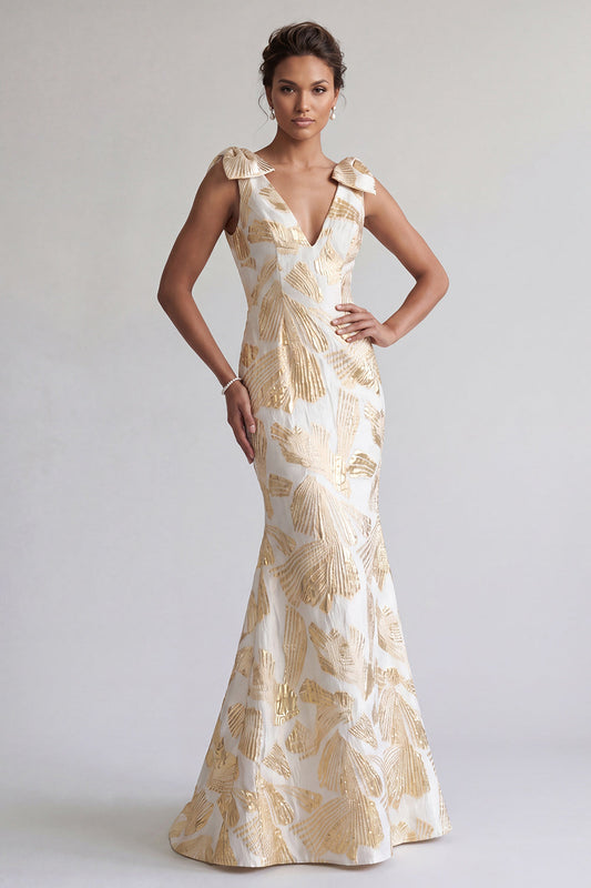 Robe de mère de la mariée longue sirène florale champagne scintillante avec nœuds