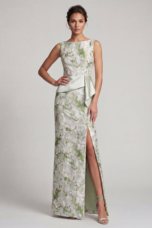 Fourreau Vert clair floral Longue Robe de Mère de la mariée avec ceinture