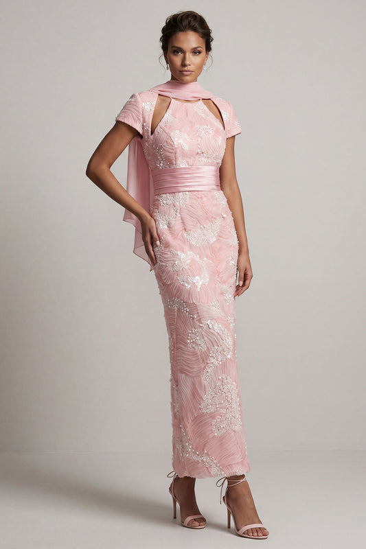 Robe de mère de la mariée longue fourreau blush scintillante à manches courtes et col illusion perlé